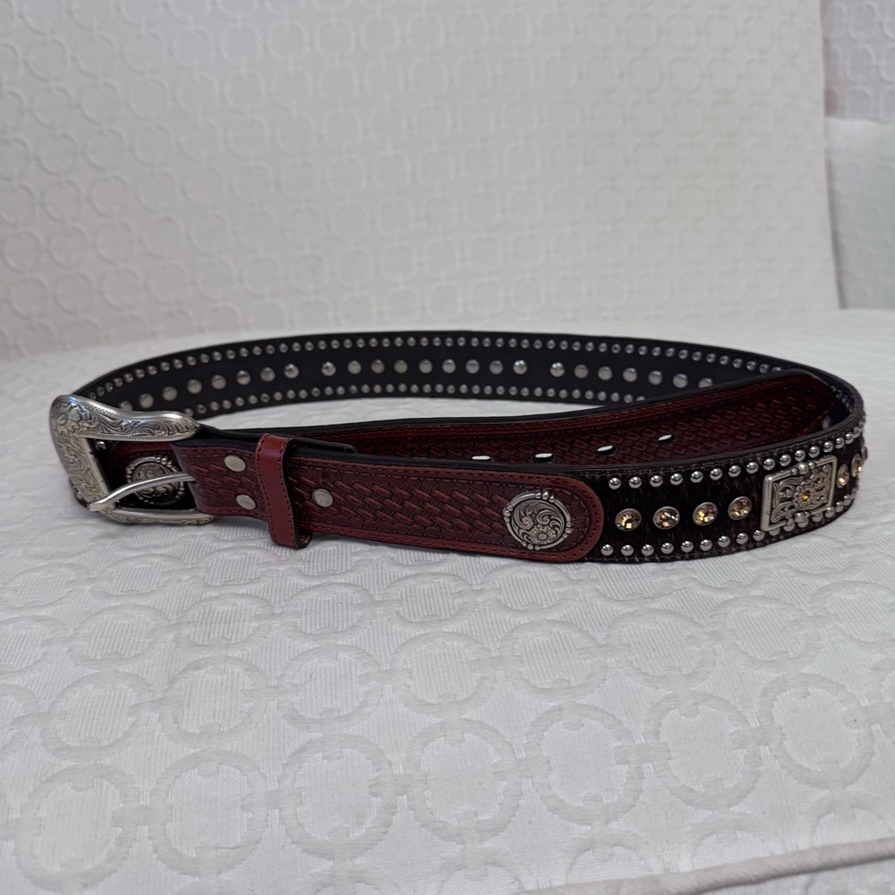 Nocona Crystal Studded Hair-On-Hide Leather Belt